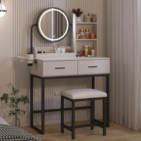 Dressing Table with LED Lights, Vanity Table with Adjustable Brightness Mirror, 2 Large Drawers and Hair Dryer Rack, Cushioned Stool, Modern Bedroom Dresser (Black Frame)