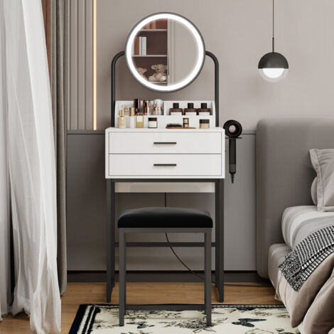 Dressing Table with LED Lights, Vanity Table with Adjustable Brightness Mirror, 2 Large Drawers and Hair Dryer Rack, Cushioned Stool, Modern Bedroom Dresser (Black Frame, Compact Size)