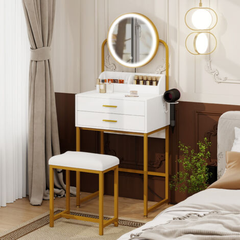 Dressing Table with LED Lights, Vanity Table with Adjustable Brightness Mirror, Makeup Desk with 2 Large Drawers and Hair Dryer Rack, Cushioned Stool, Modern Bedroom Dresser (Gold Frame, Comapact Size
