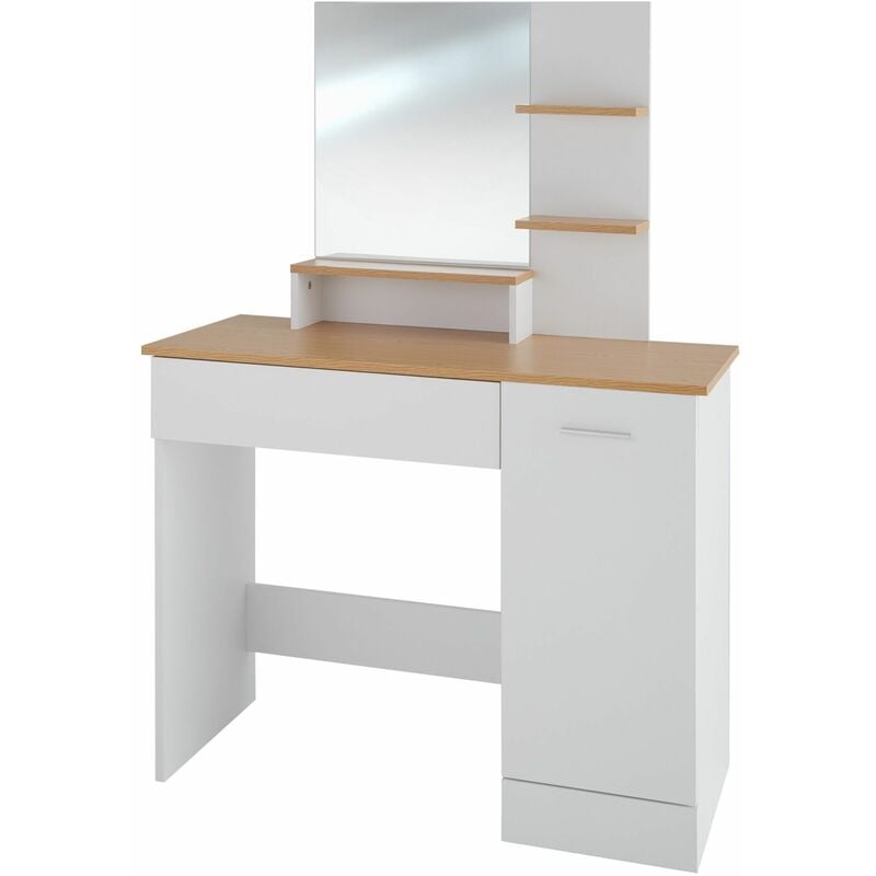 Dressing table Zoe with drawer, cupboard and storage shelves - dressing table mirror, makeup table, vanity table - white