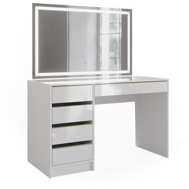 Vicco - Coiffeuse Sherry, Blanc/Or, 120 cm avec miroir led