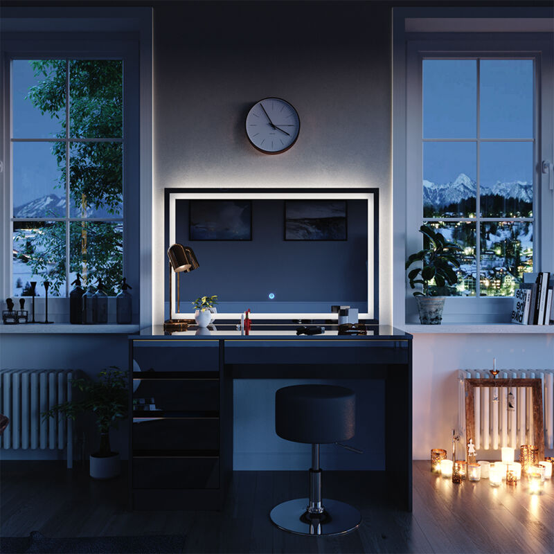 Vicco - Coiffeuse Sherry, Noir, 120 cm avec miroir led et tabouret