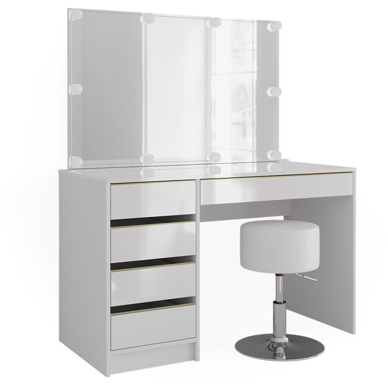 Coiffeuse Sherry, Blanc/Or, 120 cm avec éclairage LED et tabouret, Vicco