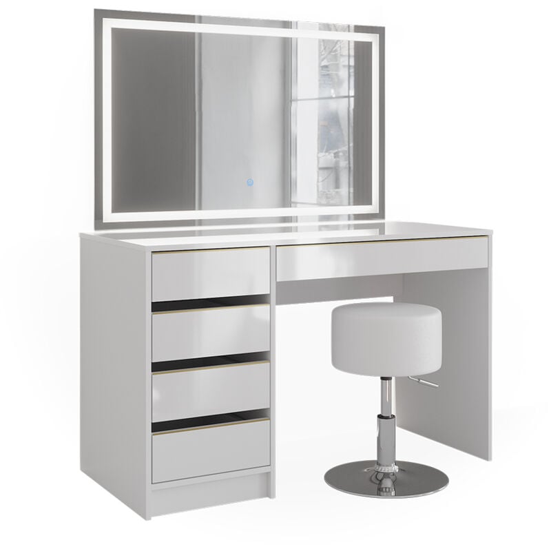 Vicco - Coiffeuse Sherry, Blanc/Or, 120 cm avec miroir led et tabouret