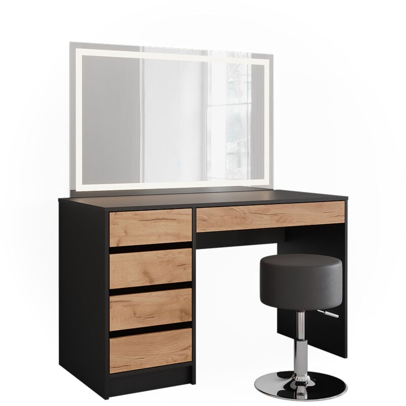 Vicco - Coiffeuse Sherry, Anthracite/chêne doré, 120x75cm avec miroir led et tabouret