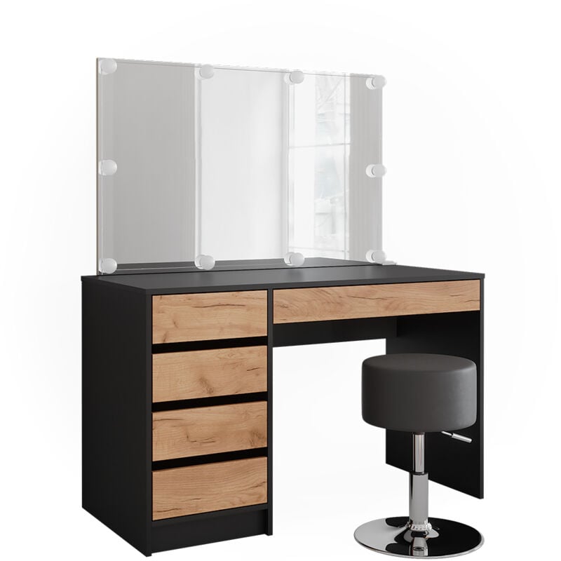 Coiffeuse Sherry, Anthracite/chêne doré, 120x75cm avec éclairage led et tabouret Vicco