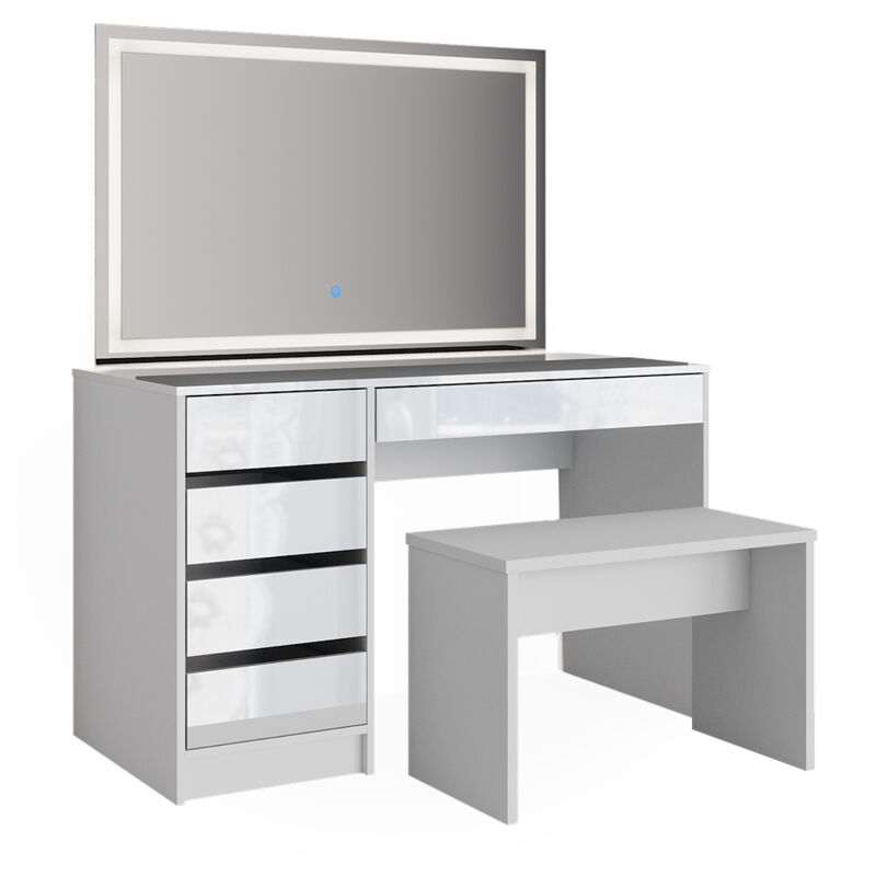 Vicco - Coiffeuse Sherry, Blanc, 120 cm avec miroir led et banc
