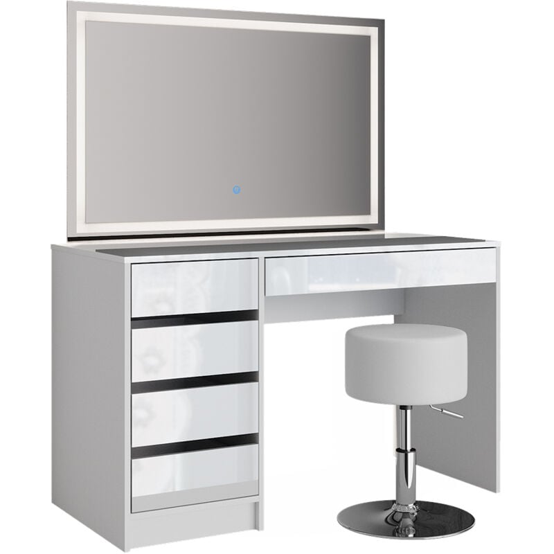 Vicco - Coiffeuse Sherry, Blanc, 120 cm avec miroir led et tabouret