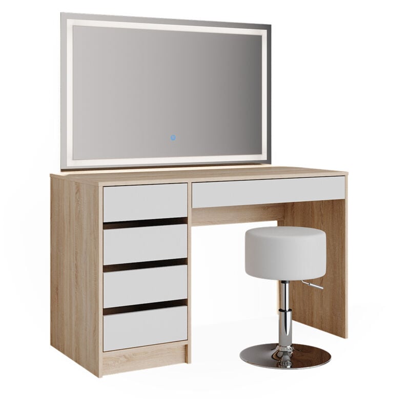 Vicco - Coiffeuse Sherry, Blanc/Sonoma, 120cm avec miroir led et tabouret