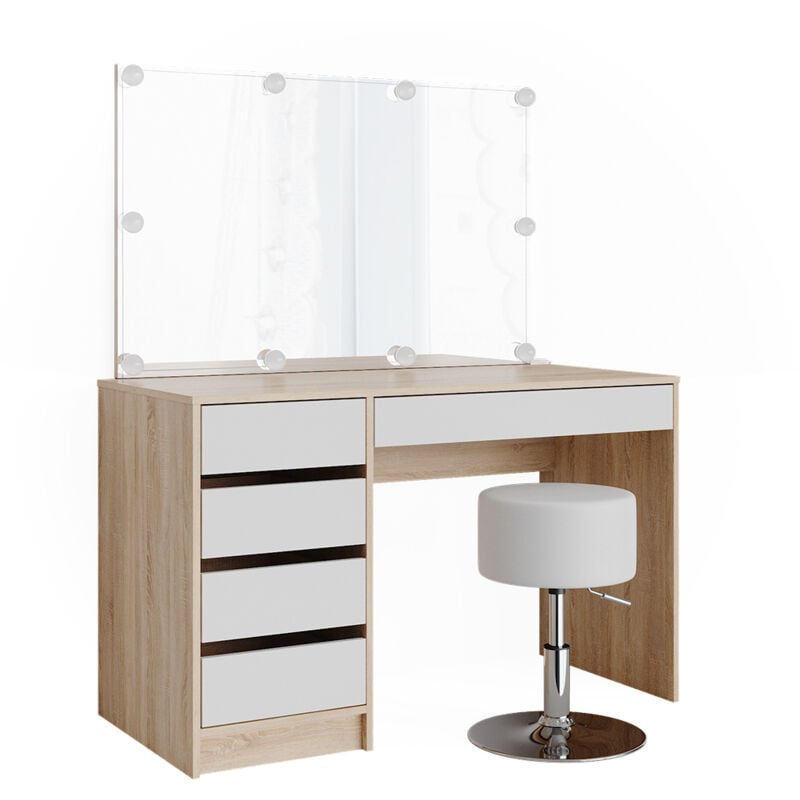Vicco - Coiffeuse Sherry, Blanc/Sonoma, 120 cm avec éclairage led et tabouret
