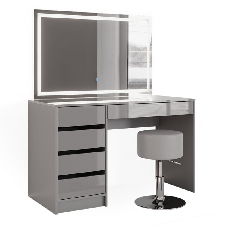 Vicco - Coiffeuse Sherry, Gris, 120 cm avec miroir led et tabouret