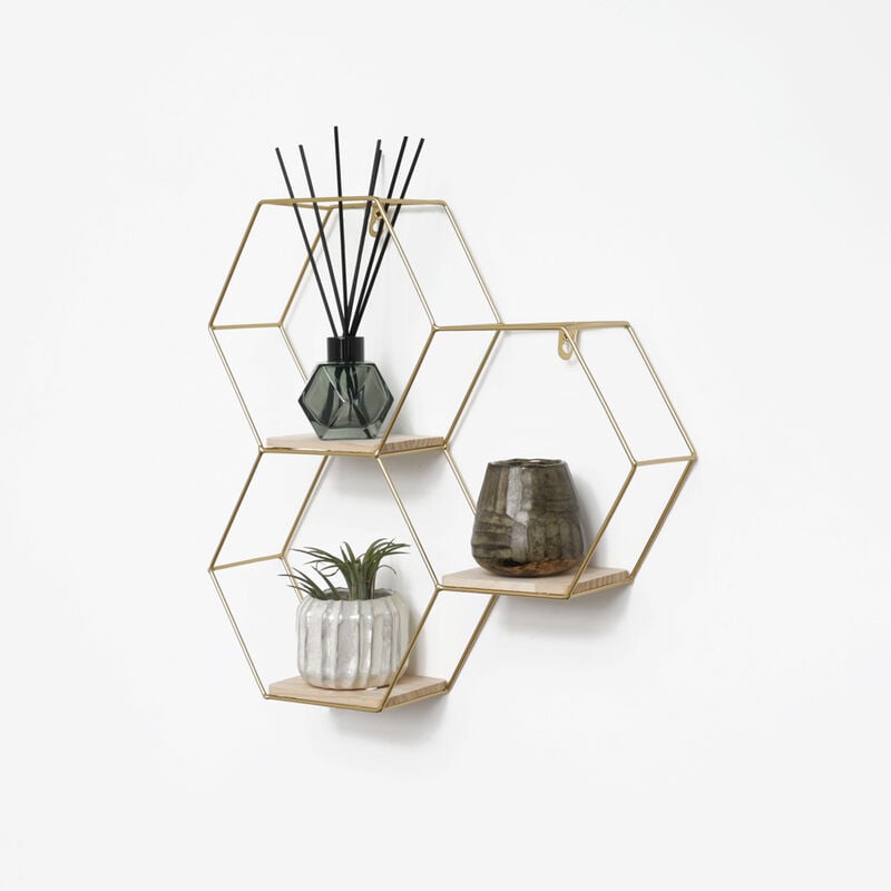 Vivol - Triple étagère murale hexagonale en métal avec 3 tablettes en bois - 40,5x41 cm - Or