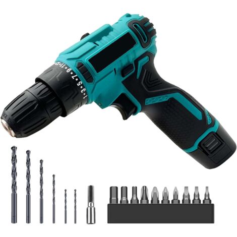 PEDONY Drill bit, 12V cordless drill bit set, 1500 Ah battery, 50 Nm, 25+1 torque level, 10mm drill bit chuck, 2-speed, LED light, 16 accessories, for home DIY projects