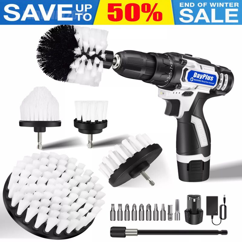 Briefness - Drill Brush Cleaning Brushes Set 6PCS Pack Drill Scrubbing Brushes for Cleaning 2xBattery