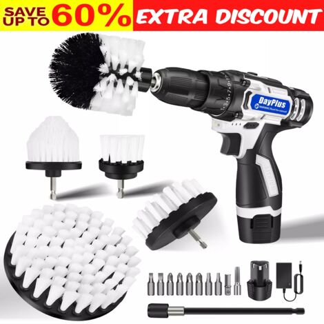 Drill Cleaning Brush Set Power Drill Attachment Grout Tile Cleaner Scrub Cleaner 2xBattery