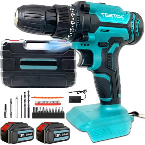 TEETOK Drills and combi drills,21V Cordless Drill Driver High Power Screwdriver Set,LED Worklight,25+1 Torque ,2-Gear ,Safety Lock ,3/8"Chuck,Carry Case+2x 5.5A Battery+Charger,Compatible with Makita Battery