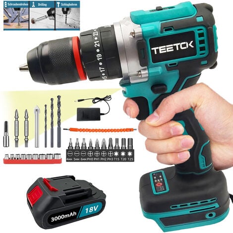 TEETOK Drills and combi drills,Cordless Brushless Hammer Drill Driver Screwdrivers,2 Speed,Electric Hand Drill 25+1,With Drill Bits+3000mAh Battery+Charger,Compatible with Makita Battery