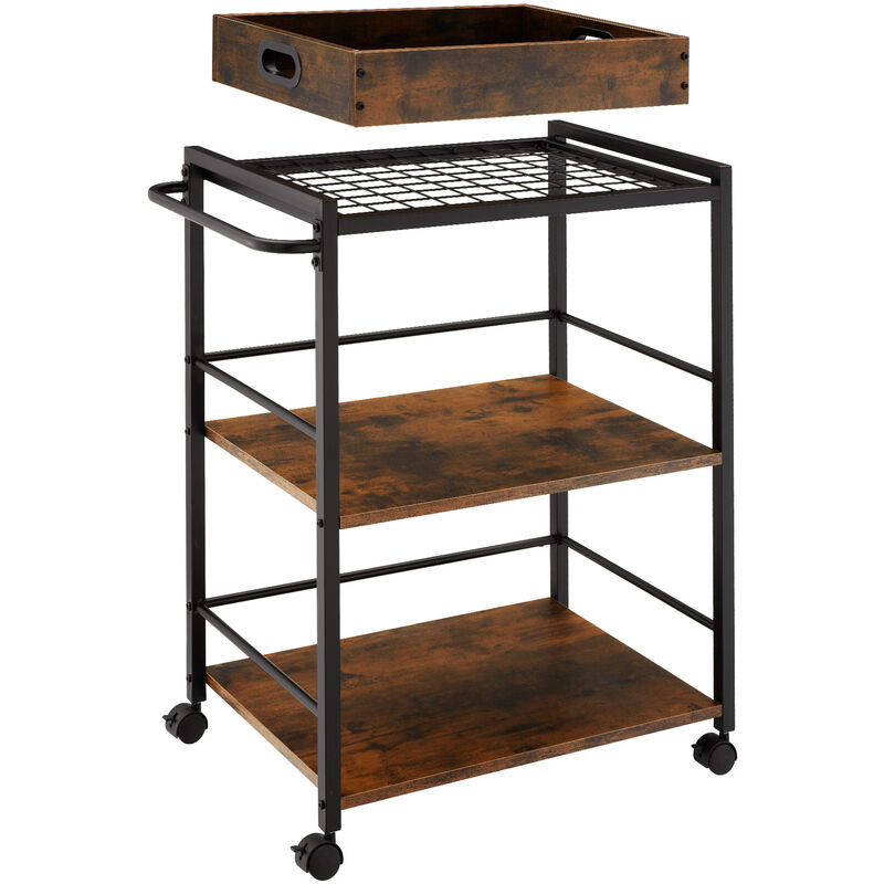 Drinks Trolley Worcester - 3 shelves and removable tray, 4 swivel castors with parking brake - Industrial wood dark, rustic