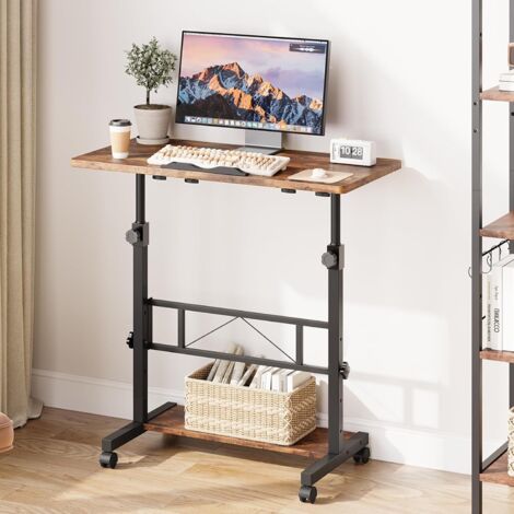 Dripex Bureau debout 80x40 cm, Bureau à hauteur réglable (65–98 cm), Bureau informatique mobile sur roulettes avec plateau inclinable, Bureau assis-debout pour la maison et le bureau, Marron Vintage