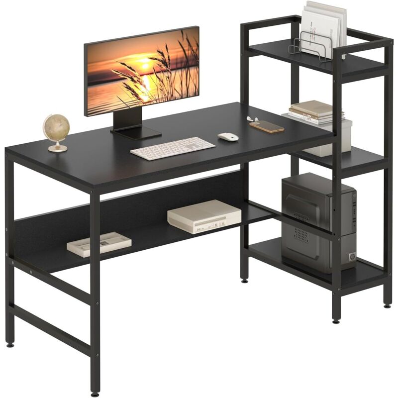 Yoleo - Bureau Informatique avec Etagères de Rangement, Bureau d'Ordinateur en Bois pour Chambre Salon 136x60x111cm - Noir