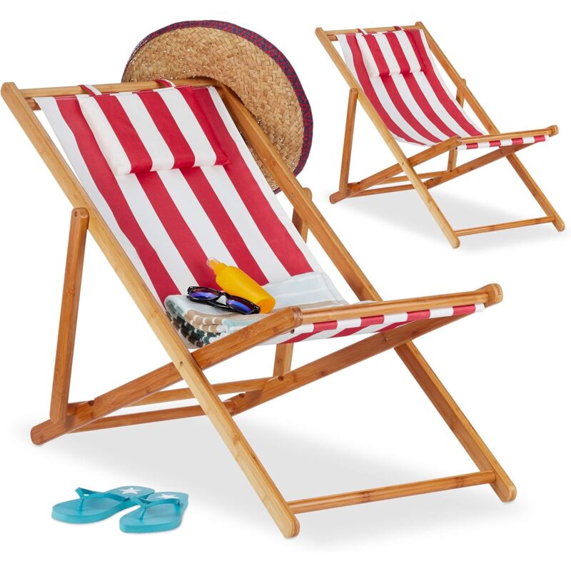 Chaise pliante lot de 2 en bambou tissu chaise de jardin oreiller balcon plage fauteuil, rouge - Dripex