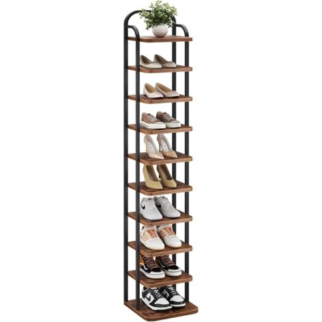 Dripex Étagère à chaussures verticale à 10 niveaux - Étagère à chaussures étroite en métal - Étagère réglable - Pour entrée, salon, couloir - Marron vintage - Noir