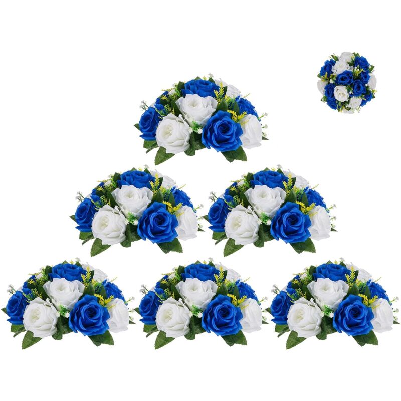 Dripex Fleur Mariage Artificielle Decoration Roses 6 PièCes Bleu Saphir et Blanc Boule de Fleurs Artificielles pour Deco Centre Chemin de Table