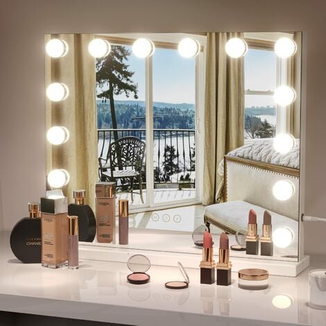 Miroir maquillage Hollywood lumineux LED tactile - 3 modes éclairage,  inclinable, adaptateur - métal noir verre