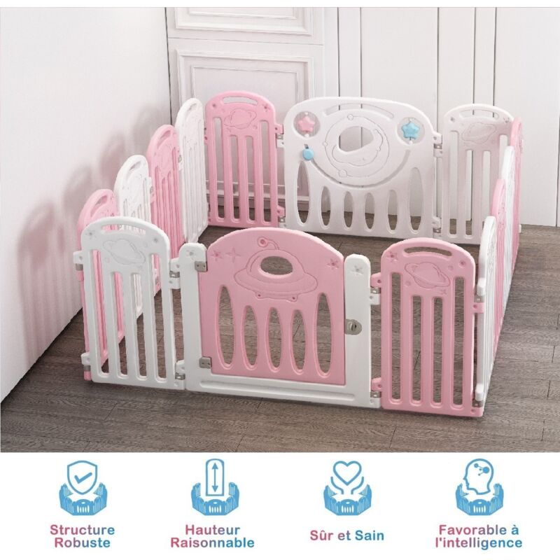 Parc Bébé 12+2 Panneaux, Barrière de Sécurité en Plastique avec Porte Clôture Enfant Jeux pour Enfant, Rose et Blanc