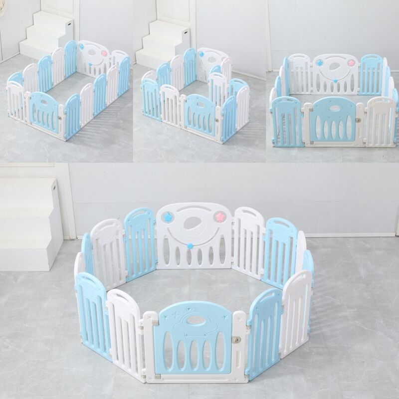 Parc Bébé 12+2 Panneaux, Barrière de Sécurité en Plastique avec Porte Clôture Enfant Jeux pour Enfant, Bleu et Blanc