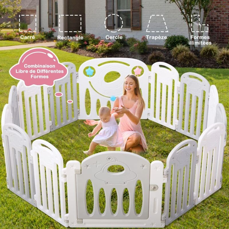 Parc Bébé 12+2 Panneaux, Barrière de Sécurité en Plastique avec Porte Clôture Enfant Jeux pour Enfant, Gris et Blanc