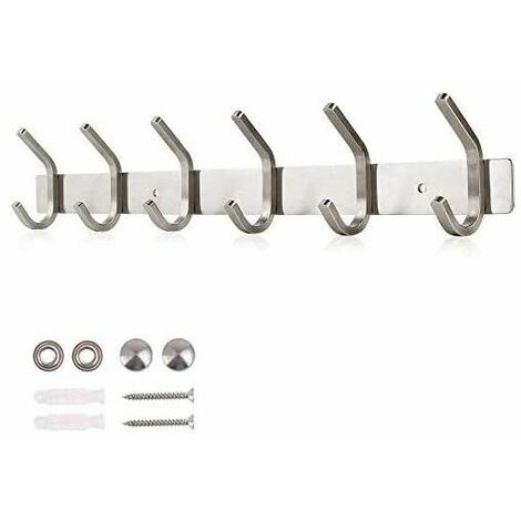 Dripex Stainless Steel Coat Hook Coat Hook Brushed Look Double Hook Max Load 30kg Hooks (Silver, 6 Hooks)
