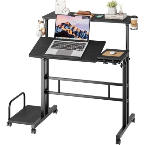 Dripex Table Informatique Bureau d'Ordinateur Portable Hauteur Réglable avec roulettes et Plateau Inclinable 80 x 60 cm Table d'appoint pour la Maison et Le Bureau, Noir