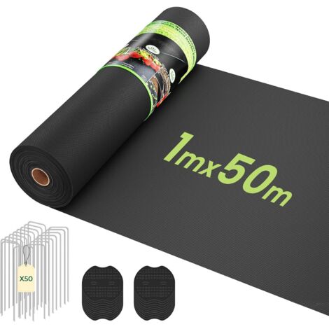 Dripex Toile de Paillage 1mx50m avec 50 Piquets, Géotextile Non Tissé 100 g/m², Anti-Mauvaises Herbes Tissu, Perméable à l'eau, Résiste Rayons UV, Résistant, Noir
