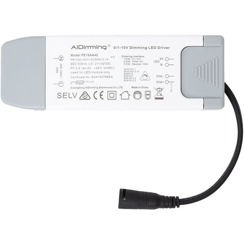 Driver aid Dimmable 1-10V 220-240V Sortie 21-42V dc 500mA 21W No Flicker PE18AA42 21 w
