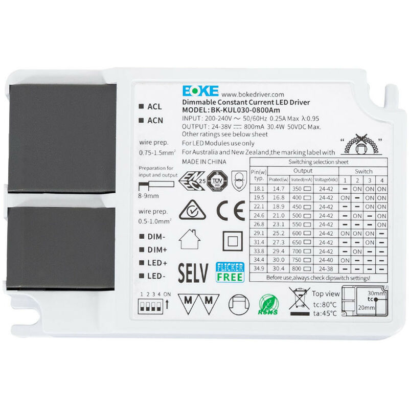 

Driver Regulable 1-10V 200-240V No Flicker Salida 24-42V 350-800mA 15-30W BK-KUL030 30 W - 30 W - Boke