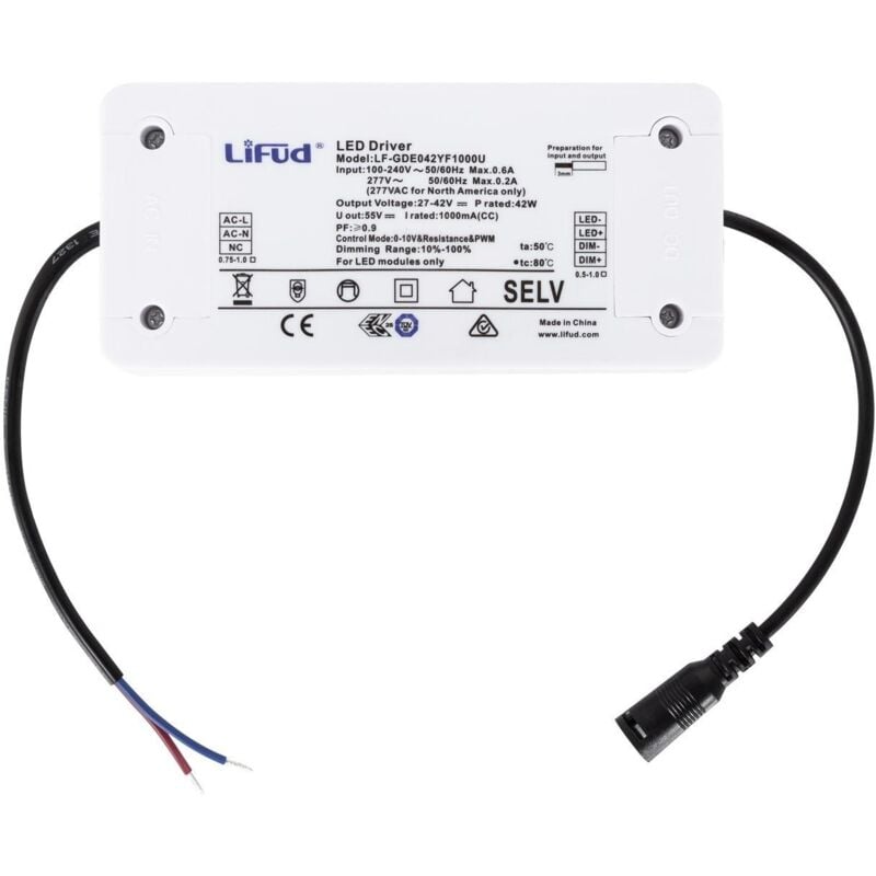 Driver lifud Dimmable 1-10V 220-240V Sortie 9-42V dc 1000mA 42W LF-GDE042YF1000U