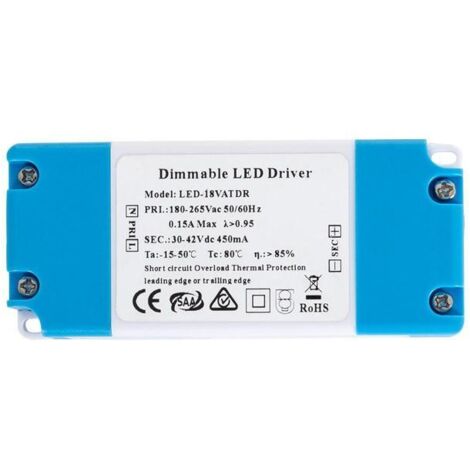 Driver Dimmable TRIAC 220-240V Sortie 30-42V DC 450mA 18W No Flicker TRIAC