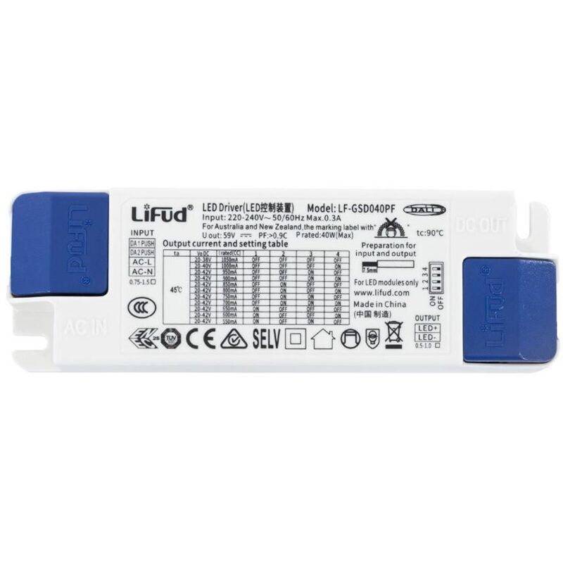 

Driver LIFUD Regulable DALI 220-240V No Flicker Salida 20-42V 550-1050mA 23-40W LF-GSD040PF 40 W - 40 W