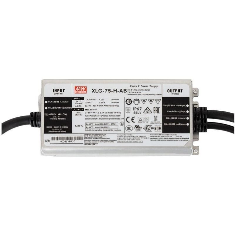 

Driver IP67 100-240V Salida 27-56V 1300-2100mA 75W XLG-75-H-AB 75 W - 75 W - Mean Well