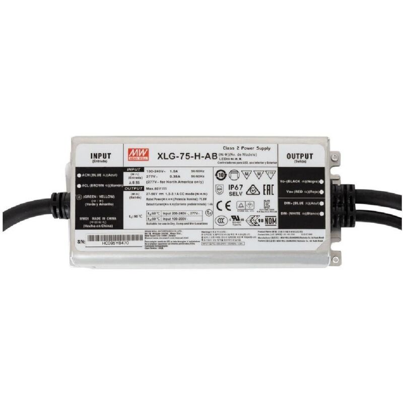 Driver Mean Well 100-240V IP67 Sortie 27-56V dc 1300-2100mA 75W XLG-75-H-AB 75 w