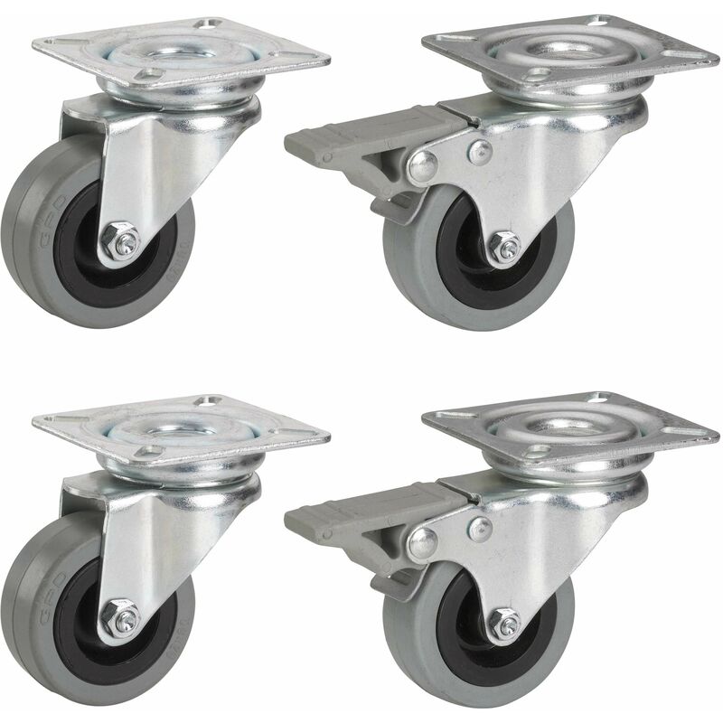 Image of Dörner+helmer - 450100 450100-Rotelle per apparecchio ø 50 mm (4 Pezzi, 2 con Freno, Ruota in Gomma, Piastra 42 x 42 mm, Portata 105 kg, mobili,