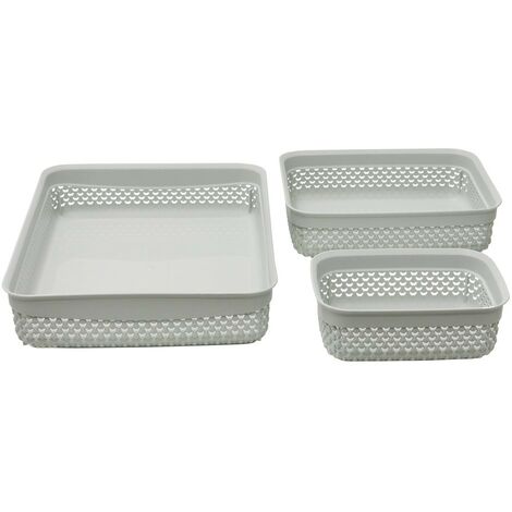 Droplette Design Set of 3 Rectangular Plastic Storage Baskets, Ice Grey