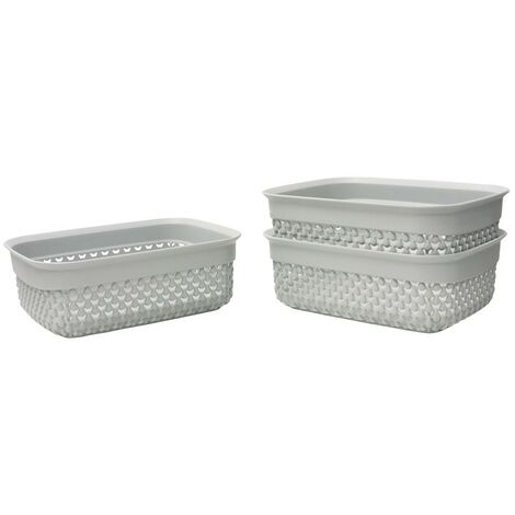 Droplette Design Set of 3 Rectangular Plastic Storage Baskets, Ice Grey