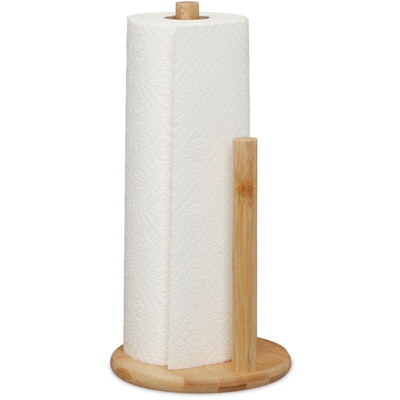 Dérouleur essuie-tout non fixe, bambou, avec barre d'arrêt, h x d: 28 x 14,5 cm, distributeur cuisine, nature - Relaxdays