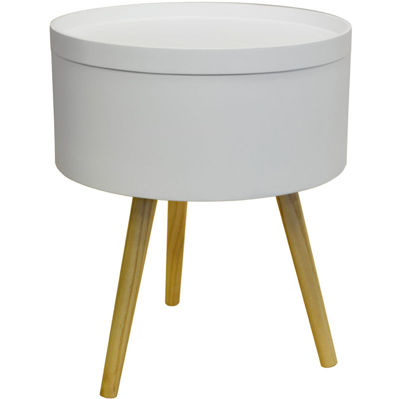 DRUM - Retro Wood Tray Top End Table / Bedside Table - White / Natural