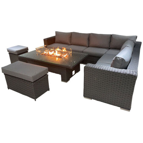 DS Living 8 Seater Grey Corner Sofa Rising Dining Set with Fire pit