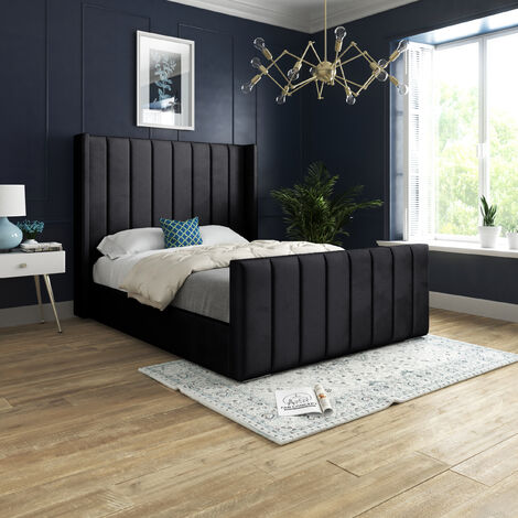 DS Living Oxford Panel Lined Upholstered Soft Velvet Bed Black Single