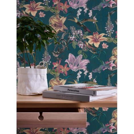 BRICOFLOR Dschungel Tapete in Petrol Botanische Vliestapete mit Kolibri und Lilie im Urban Jungle Stil Tropische Vlies Wandtapete mit Vogel und Blumen