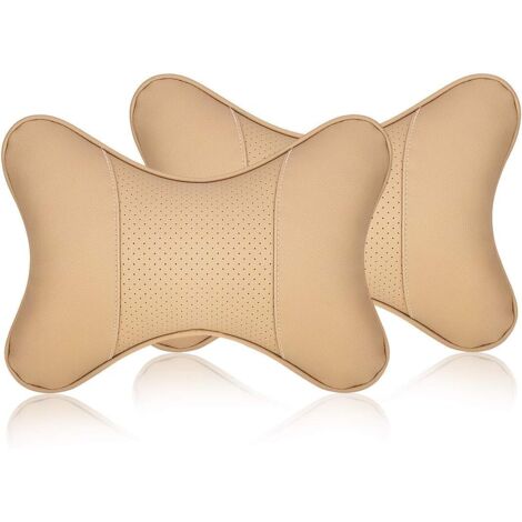 DSstyles Cuscino da viaggio per auto in pelle PU, 2 pezzi, per poggiatesta, supporto per collo, per seggiolino auto (beige)